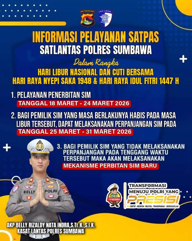 Pelayanan SIM Polres Sumbawa Tutup Saat Libur Nyepi dan Idul Fitri 2026